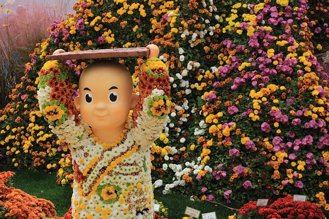 야간 조명 아래 국화가 빛나는 장면
