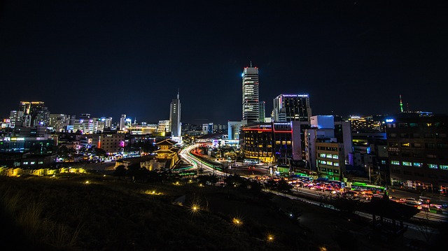 축제 현장 입구와 조명 설치